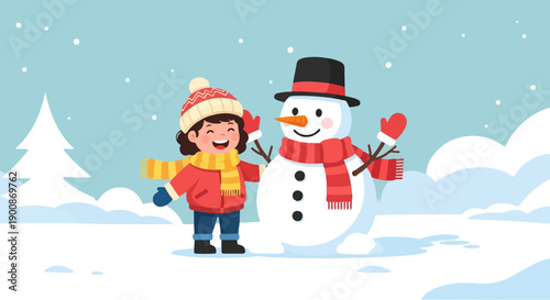 A cheerful child in winter clothing poses beside a friendly snowman in a snowy landscape