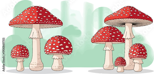 A cluster of vibrant red and white spotted mushrooms against a soft green backdrop
