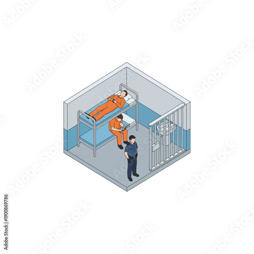 Prison cell interior with inmate and guard interaction.