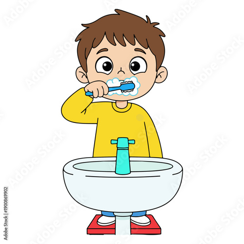 Young boy brushing teeth with toothbrush and toothpaste.