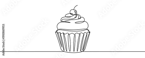 Appetizing cupcake with a cherry in one line art style. Minimalist illustration of sweet pastry or dessert drawn with one continuous black line. Vector illustration.