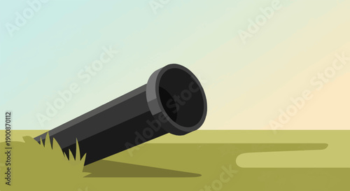 A dark cannon lies partially buried in grass under a gradient sky