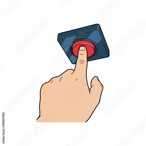 Finger pressing a red button on a dark panel.