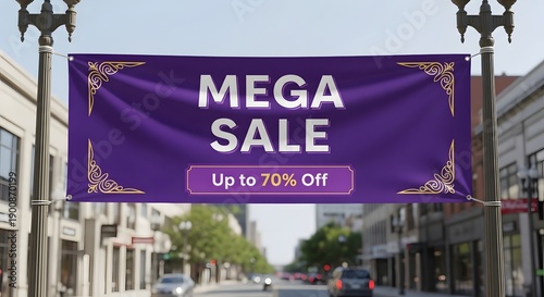 Large purple sale banner hanging between street lamps on a city street with blurred buildings and trees in the background.