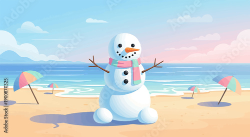 A cheerful snowman wearing a scarf sits on a beach with umbrellas