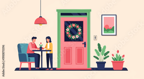 A couple sits at a table near a decorated door and potted plants