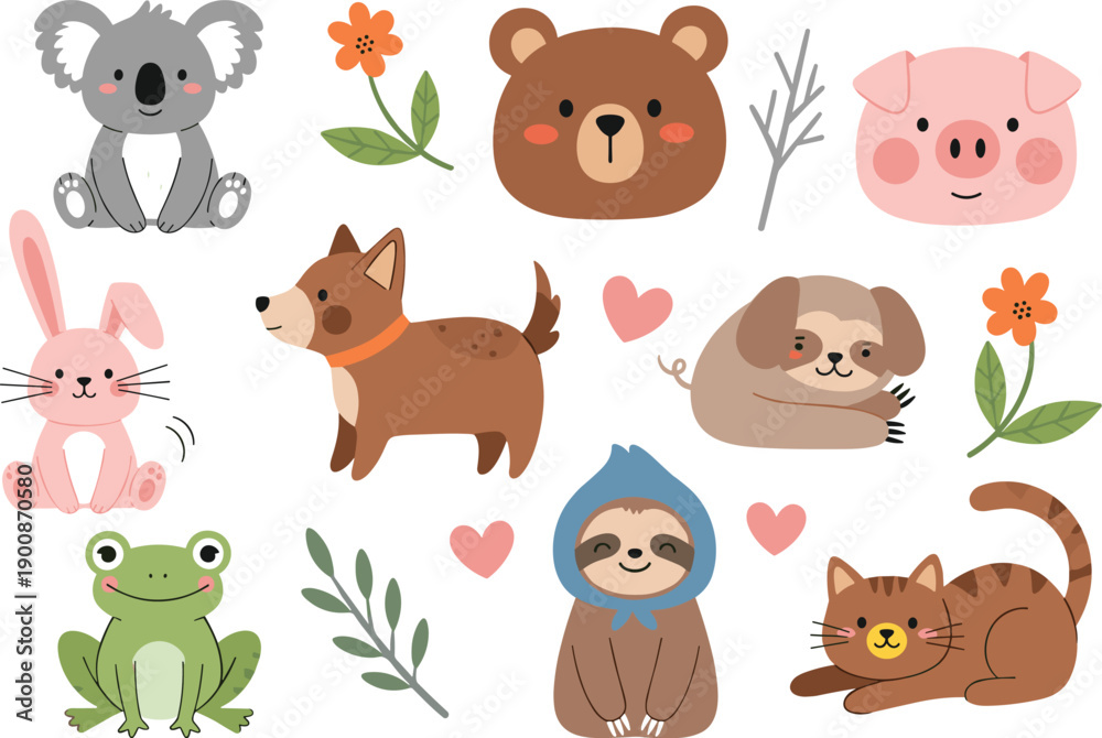 Fototapeta premium Cute baby animal characters and decorative elements collection for nursery kids design flat vector illustration set