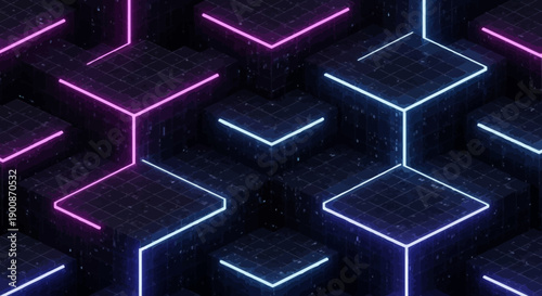 Vibrant neon lit cubes in futuristic digital landscape