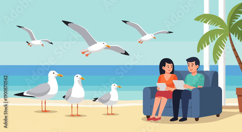 A couple relaxes on a couch by the beach with seagulls flying around