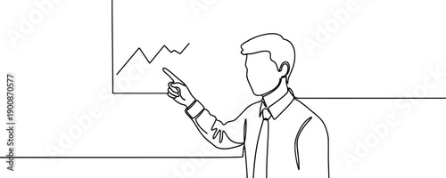 Businessman pointing to a growth chart on a board, one line art style. Concept of financial success, analytics, and planning.