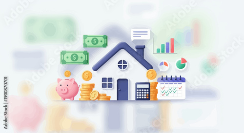 A cartoon illustration depicts financial planning with a house, piggy bank, cash, and charts