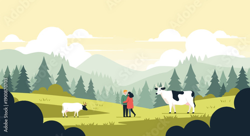 A couple embraces in a serene mountain landscape with cows grazing