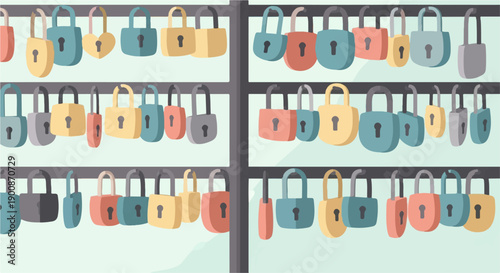 A collection of colorful padlocks in rows, some heart-shaped