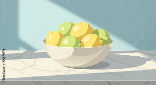 A bowl of yellow and green lemons sits on a marble surface