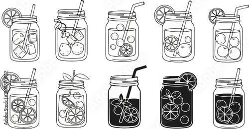 A collection of five different mason jar drinks with fruit and ice