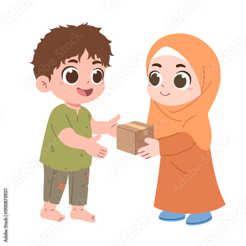 illustration of a cartoon hijab girl giving gifts in the context of zakat, charity, and donation