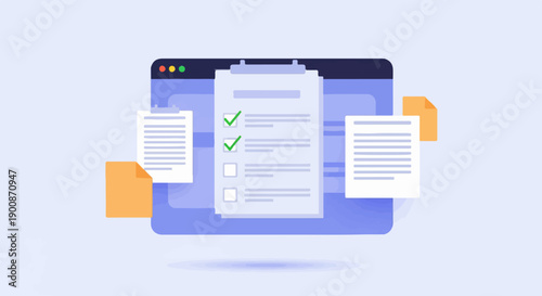 A digital checklist displays completed tasks within a browser window