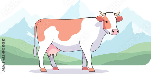 A cartoon illustration of a pink and white cow standing in a serene landscape