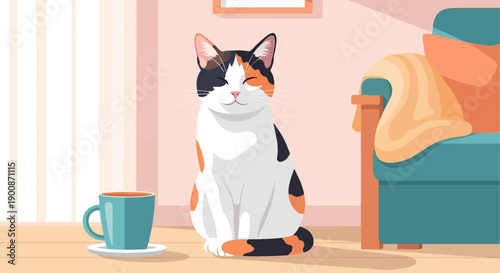 A contented calico cat relaxes in a cozy room with a warm drink