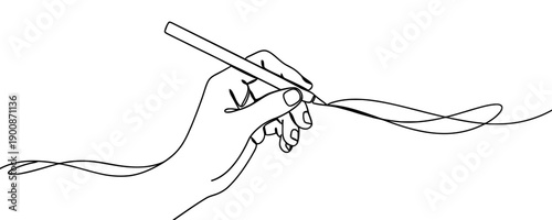 Hand holding a pen and drawing a smooth line, one line art style. Concept of creativity, calligraphy, signing documents, or art.