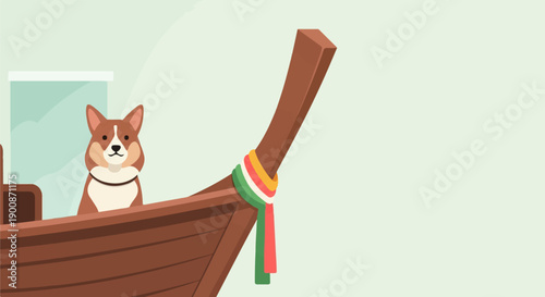 A cute corgi dog sits in a wooden boat with a colorful ribbon