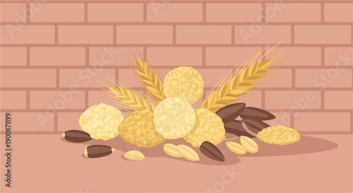 A collection of healthy grains and seeds against a brick wall