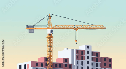 A construction crane dominates the skyline above an unfinished multi-story building