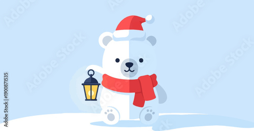 A cartoon polar bear wearing a Santa hat and scarf holds a lantern