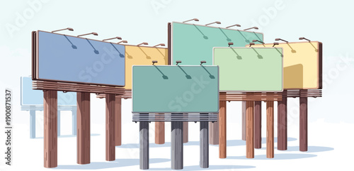 A collection of pixelated, pastel colored billboards on wooden supports