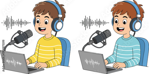Cartoon Boy Podcasting Vector Illustration – Microphone, Headphones, and Laptop