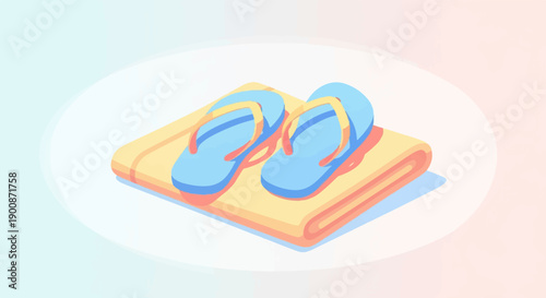 A folded towel with blue flip-flops resting on top, isolated on a pale background