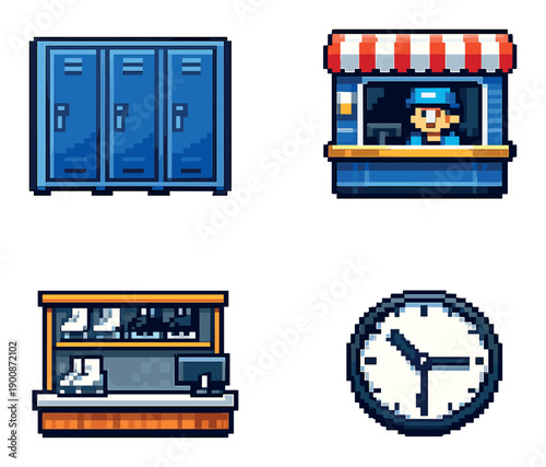 Retro pixel art icons: lockers, ticket booth, shoe store, and wall clock