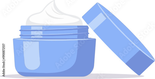 A blue jar of cream with its lid open to the side