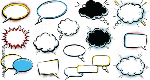 A collection of varied comic book style speech and thought bubbles