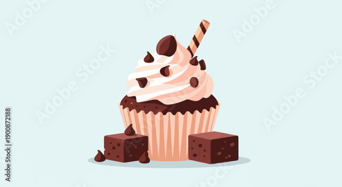 A frosted cupcake adorned with chocolate chips and a wafer