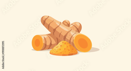 A close-up illustration of turmeric root and powder against a pale backdrop