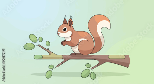 A cartoon squirrel sits on a branch with green leaves, against a gradient sky