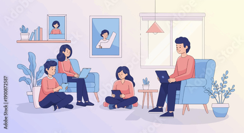 A diverse group of people are using laptops and tablets in a cozy living room