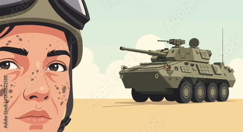 A close-up portrait of a soldier with a tank in the background