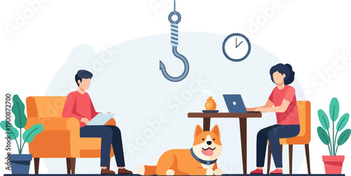 A dog rests near people working and relaxing at home
