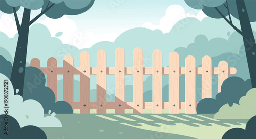 A cartoon-style illustration of a light wooden fence with green foliage and trees