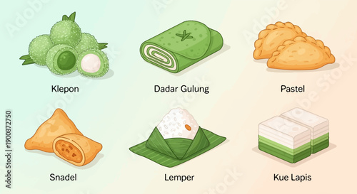 A colorful assortment of six diverse Indonesian sweet and savory snacks, beautifully illustrated