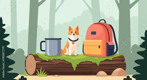 A dog sits on a log with camping gear in a forest