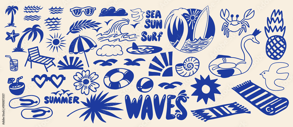 Obraz premium Hand drawn doodle beach and surf icon set with tropical elements such as palm trees, waves, surfboards, sun. Fun summer perfect for t-shirts, posters, stickers, travel graphics, coastal branding.