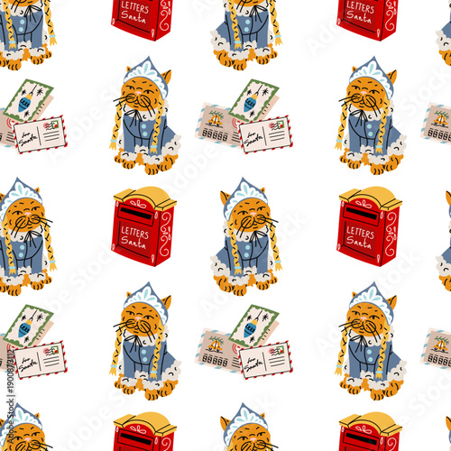 Seamless pattern with cute red cat in snow maiden costumes with pigtails with mailboxes and letters to Santa. Holiday background for Christmas wrapping paper, winter textile prints, or decor projects