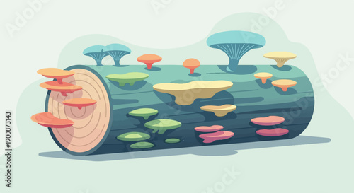 A colorful log displays an assortment of stylized, pixelated fungi growing on its surface