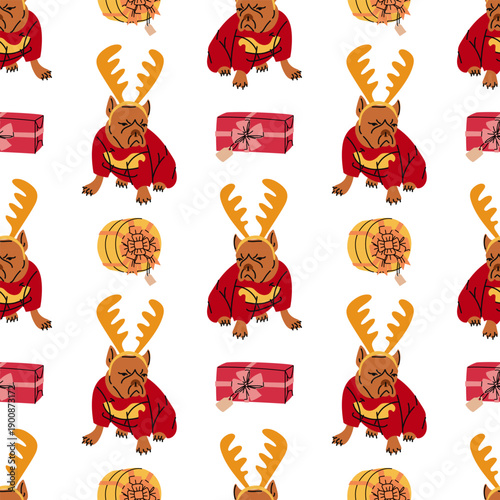 Seamless pattern with cute French bulldogs in deer antlers and festive red suits with gifts. Festive background for Christmas wrapping paper, winter prints on pet textiles, or greeting card decor