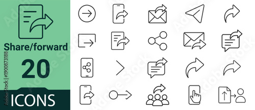 Collection of icons representing communication and sharing actions on a digital interface with various symbols for messaging and forwarding