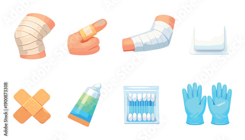 Colorful medical supplies: bandages, ointment, cotton swabs, gloves, and more
