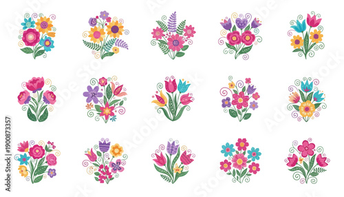 Colorful Floral Arrangements Vector Set – Decorative Roses, Tulips, Daisies, Abstract Flowers, Green Leaves, Circular Clipart Elements, Vibrant Botanical Icons for Spring, Summer, and Creative Design 
